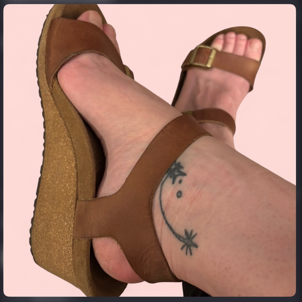 ✌🏾Papillio by Birkenstock Leather Wedge Sandals Size 41 Brown Cork Platform - Picture 4 of 7